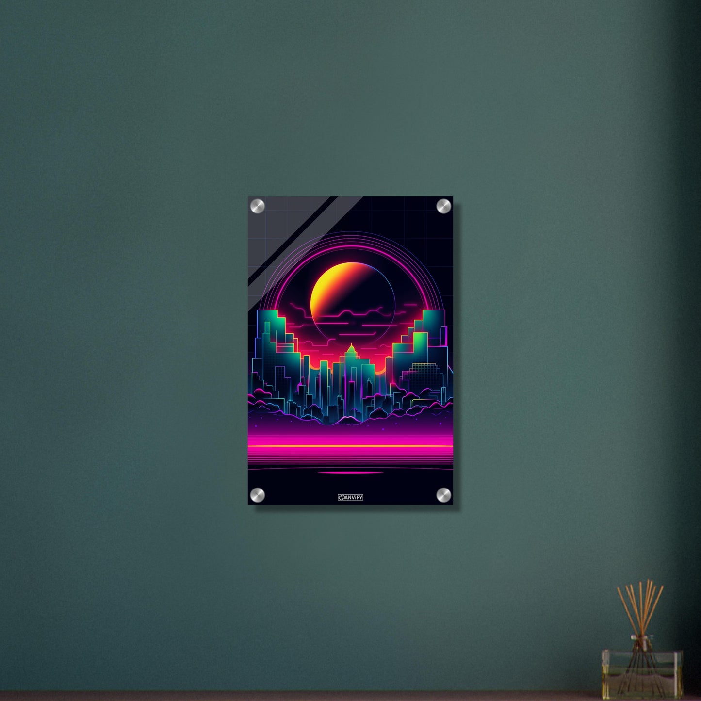New York Skyline im einfachen Retrodesign und einem Vollmond auf einem Acrylbild