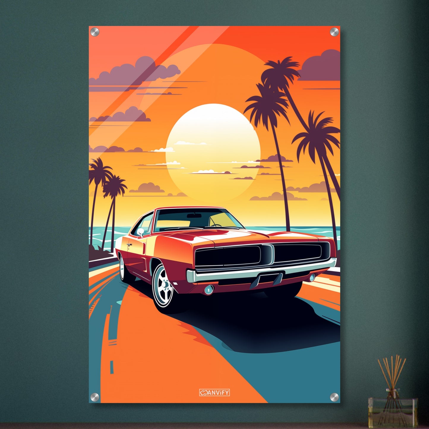 1969 Pontiac GTO in roter Farbe bei einem Sonnenuntergang mit Palmen malerisch dargestellt auf einem Acrylbild