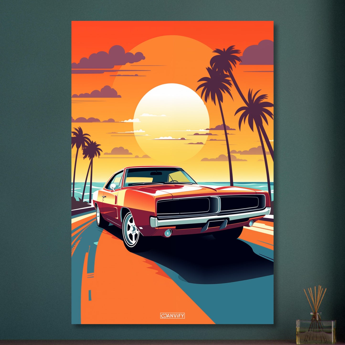 1969 Pontiac GTO in roter Farbe bei einem Sonnenuntergang mit Palmen malerisch dargestellt auf Aluminium
