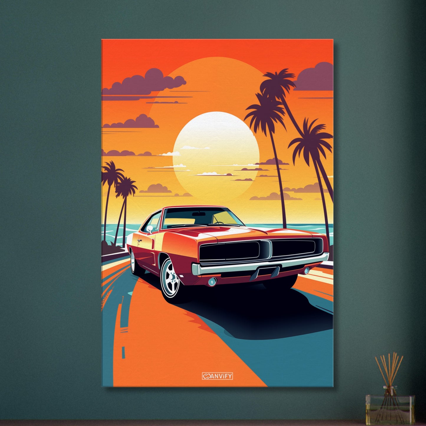 1969 Pontiac GTO in roter Farbe bei einem Sonnenuntergang mit Palmen malerisch dargestellt auf einer Leinwand