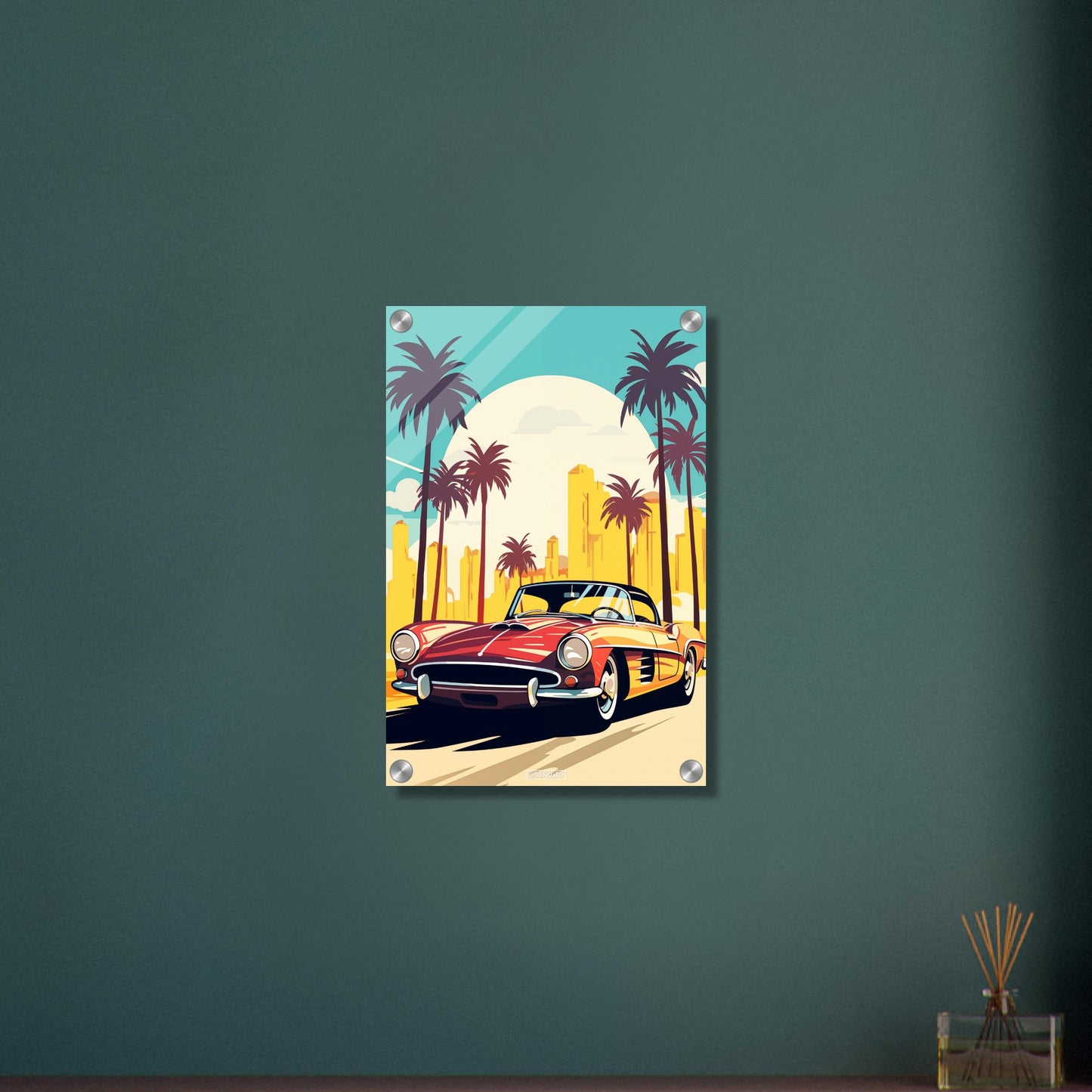 Mercedes-Benz 190 SL in roter Farbe mit Palmen in Miami malerisch dargestellt auf einem Acrylbild