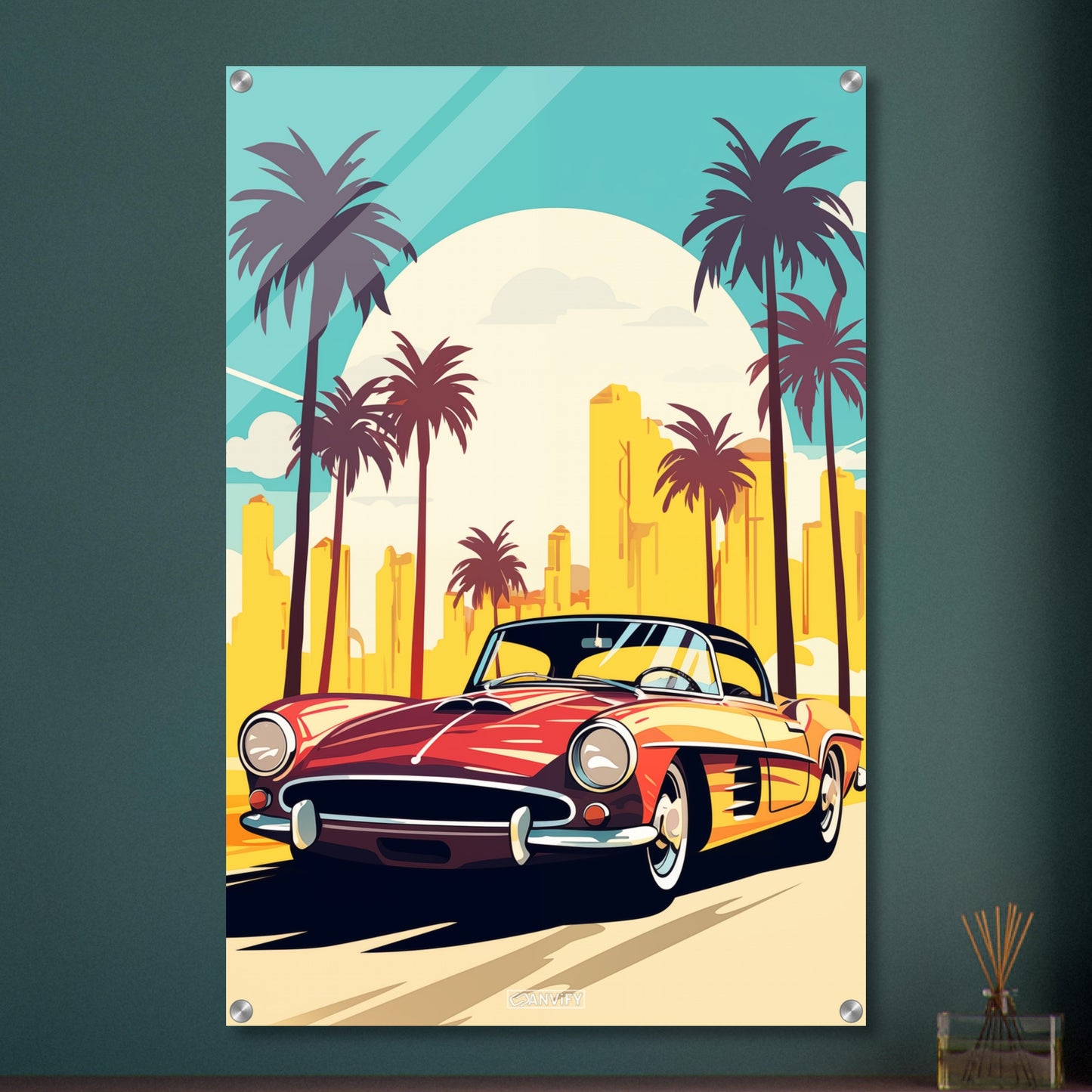 Mercedes-Benz 190 SL in roter Farbe mit Palmen in Miami malerisch dargestellt auf einem Acrylbild