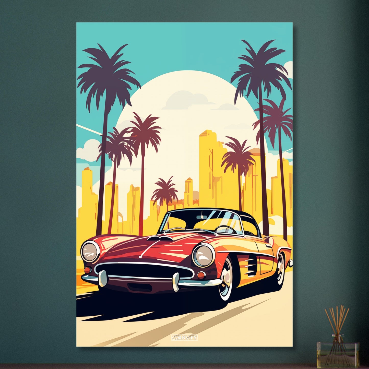 Mercedes-Benz 190 SL in roter Farbe mit Palmen in Miami malerisch dargestellt auf Aluminium