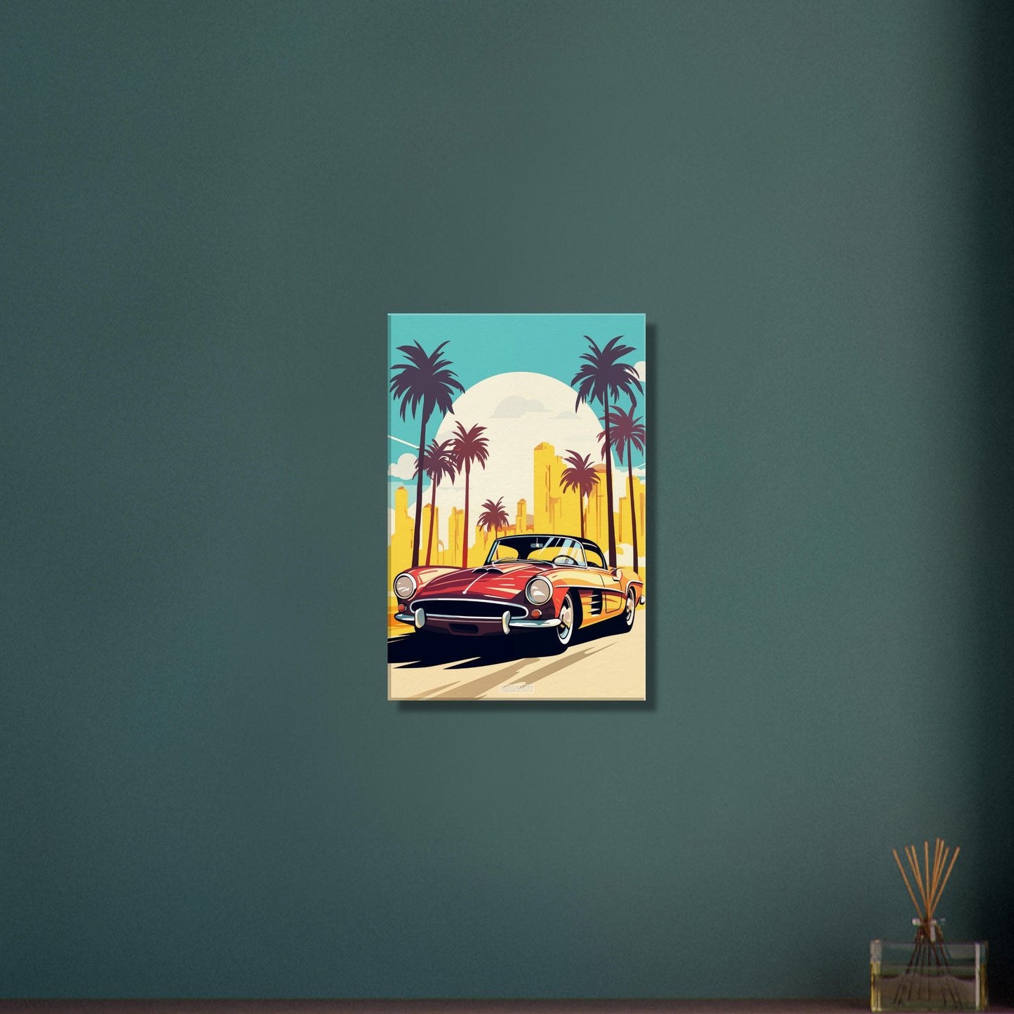 Mercedes-Benz 190 SL in roter Farbe mit Palmen in Miami malerisch dargestellt auf einer Leinwand