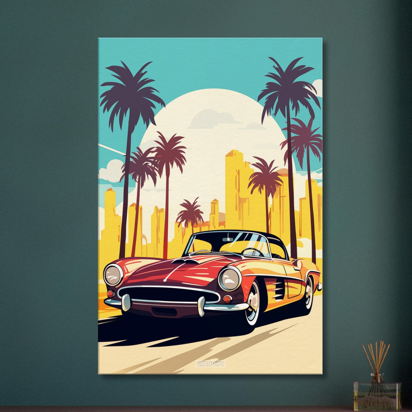 Mercedes-Benz 190 SL in roter Farbe mit Palmen in Miami malerisch dargestellt auf einer Leinwand