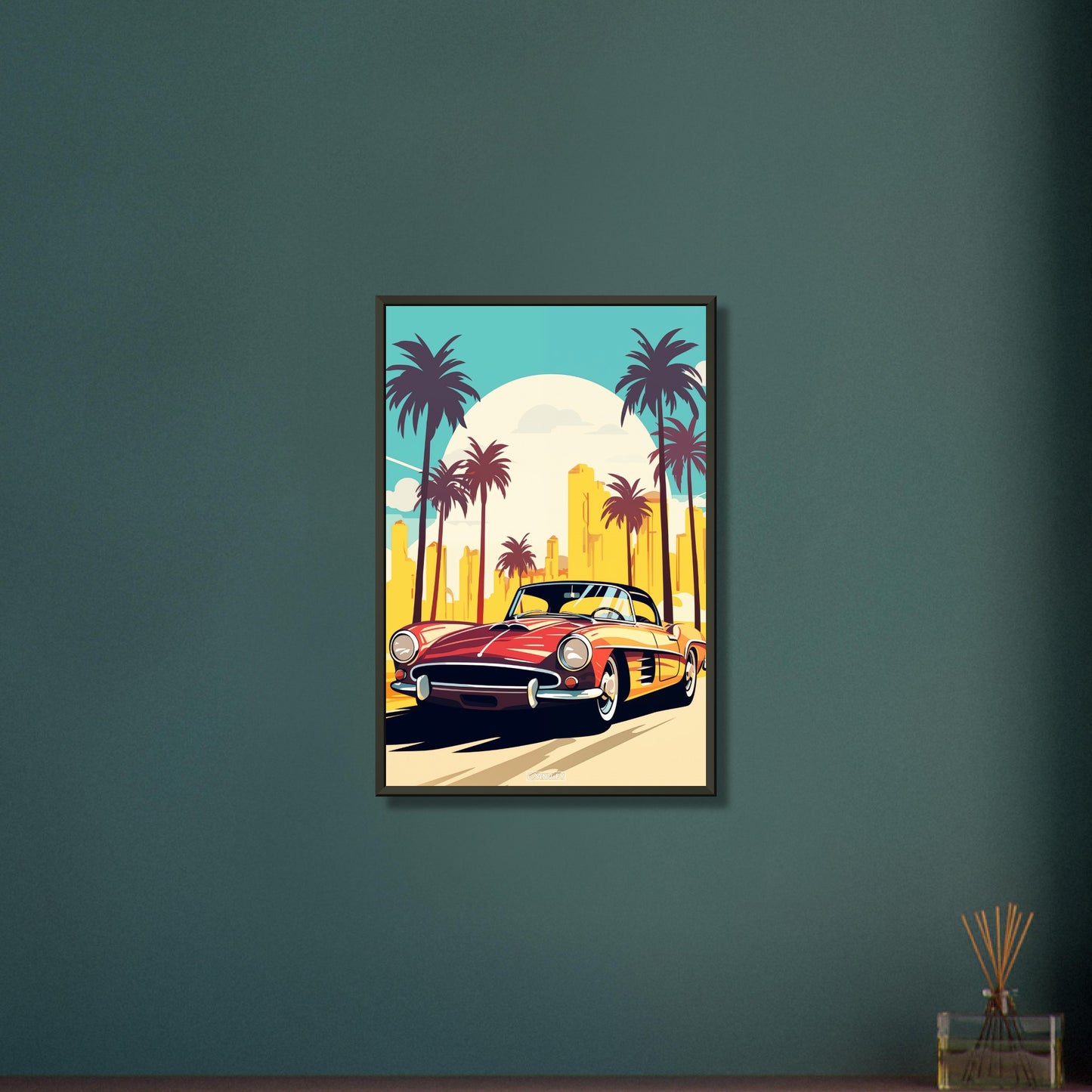 Mercedes-Benz 190 SL in roter Farbe mit Palmen in Miami malerisch dargestellt auf einem Poster im Metallrahmen