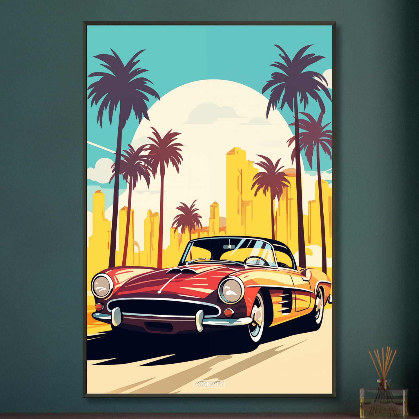 Mercedes-Benz 190 SL in roter Farbe mit Palmen in Miami malerisch dargestellt auf einem Poster im Metallrahmen