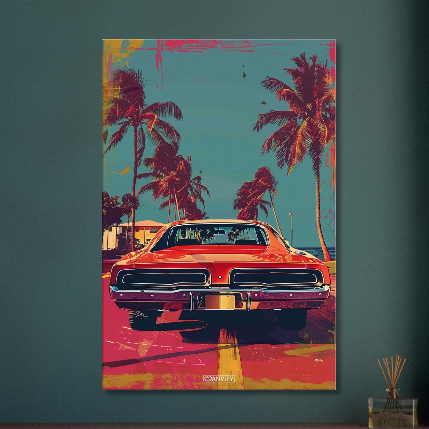 Dodge Challenger aus dem Jahr 1970 in roter Farbe in Miami mit Palmen malerisch dargestellt auf einer Leinwand