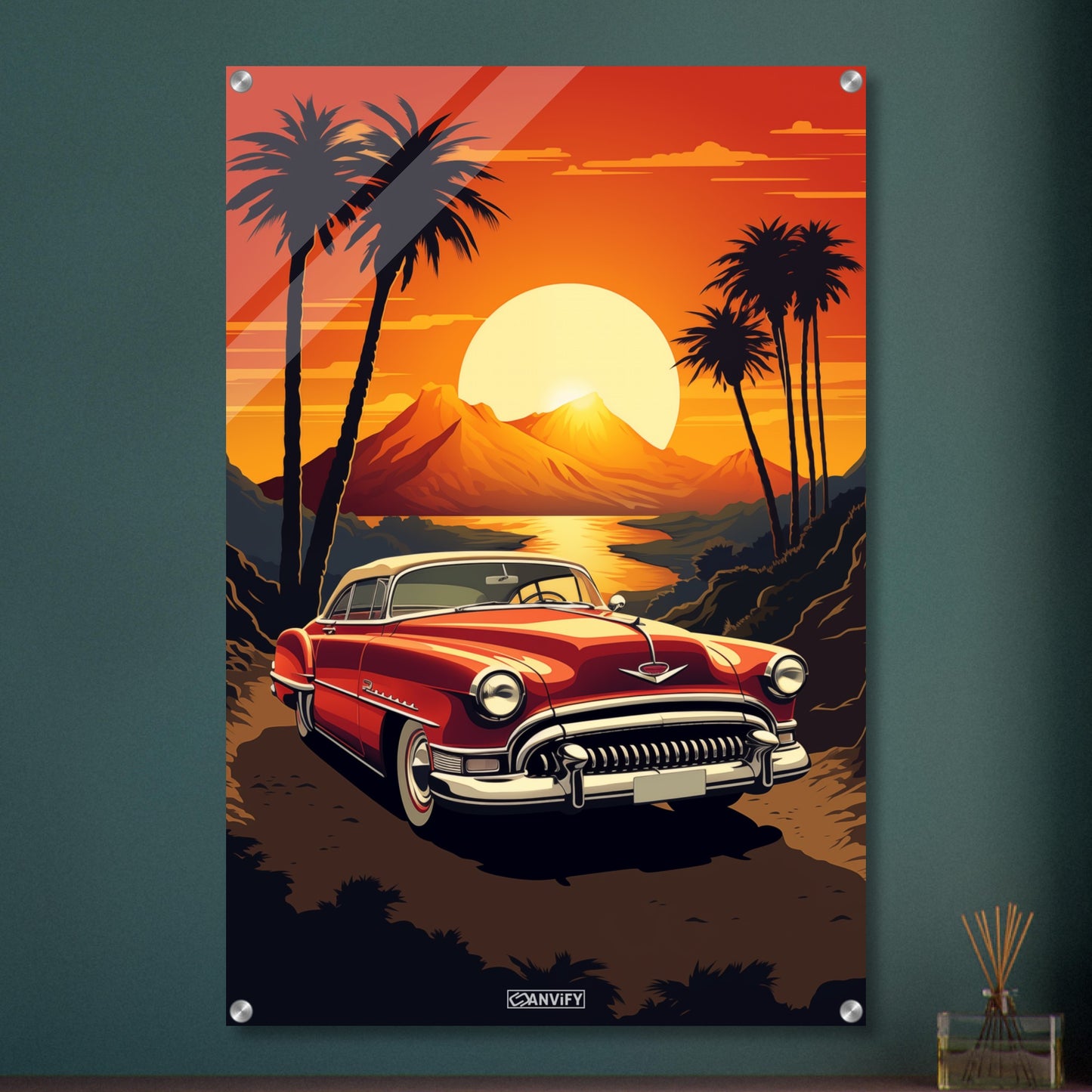 Cadillac Series 62 Convertible in roter Farbe bei einem Sonnenuntergang malerisch dargestellt auf einem Acrylbild
