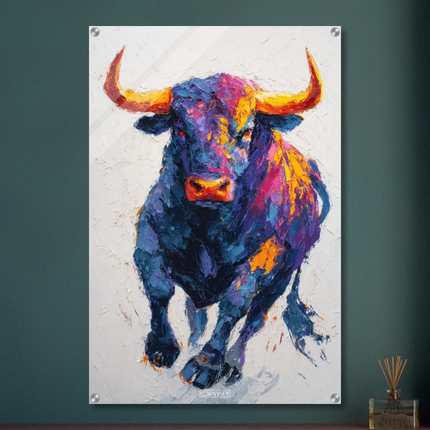 Stier mit bunten Acrylfarben gemalt auf einem Acrylbild