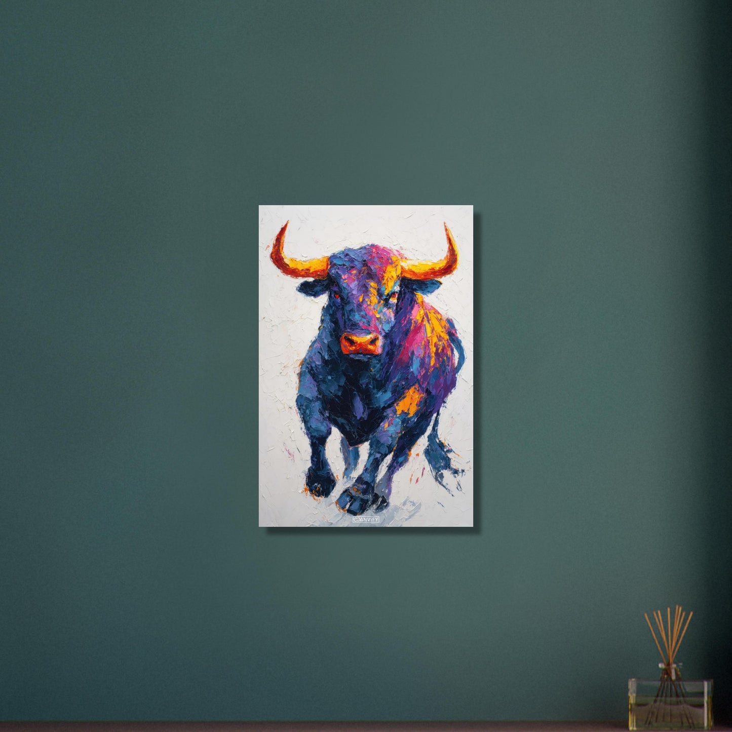Stier mit bunten Acrylfarben gemalt auf Aluminium