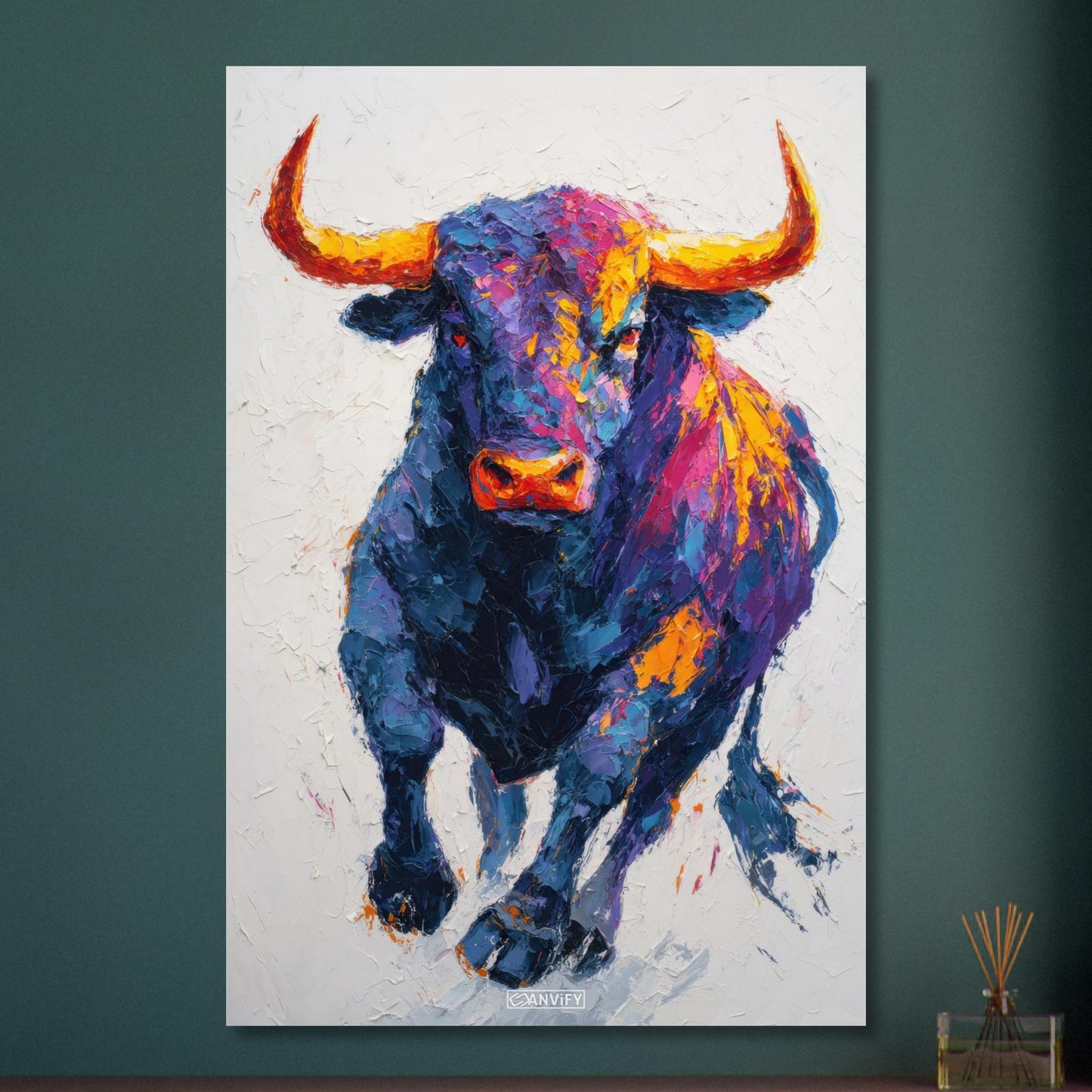 Stier mit bunten Acrylfarben gemalt auf Aluminium