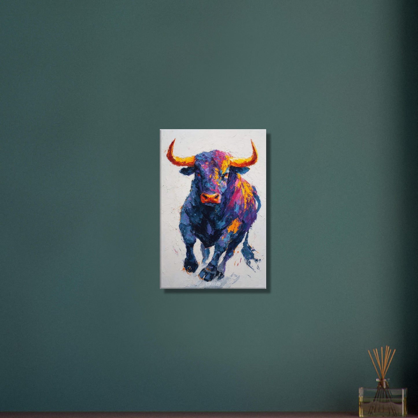 Stier mit bunten Acrylfarben gemalt auf einer Leinwand