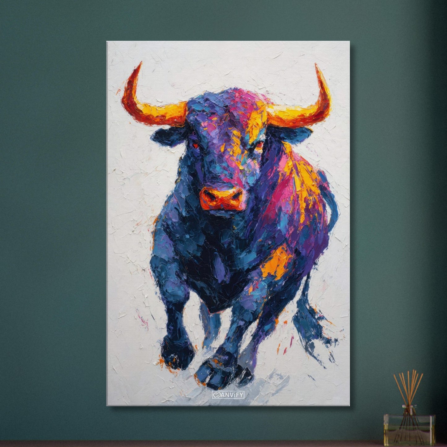 Stier mit bunten Acrylfarben gemalt auf einer Leinwand