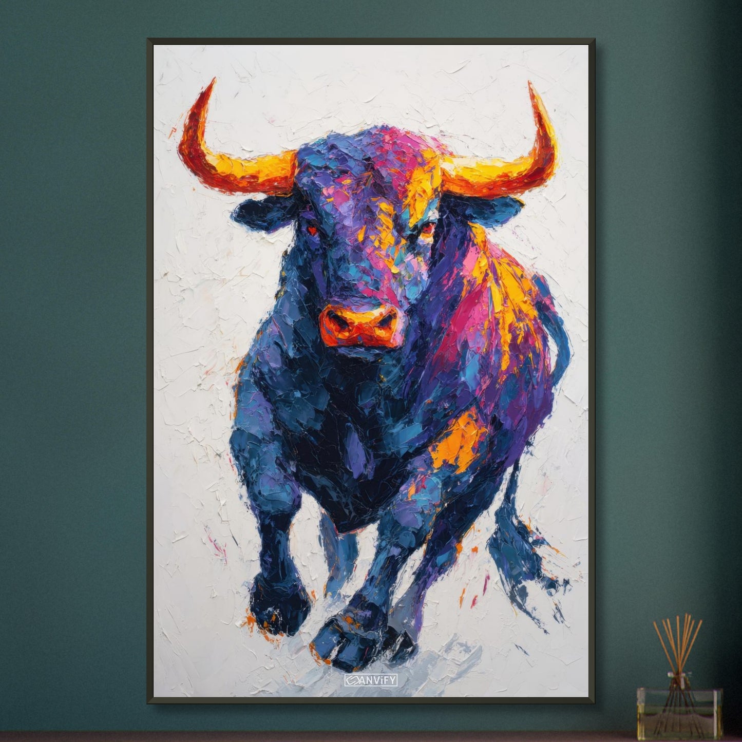 Stier mit bunten Acrylfarben gemalt auf einem Poster im Metallrahmen