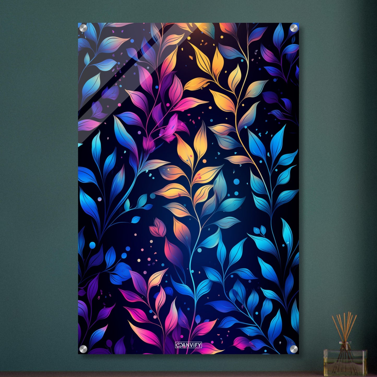 Bunte Blätter mit Blauen, Lila und Gelben Farben auf einem Acrylbild
