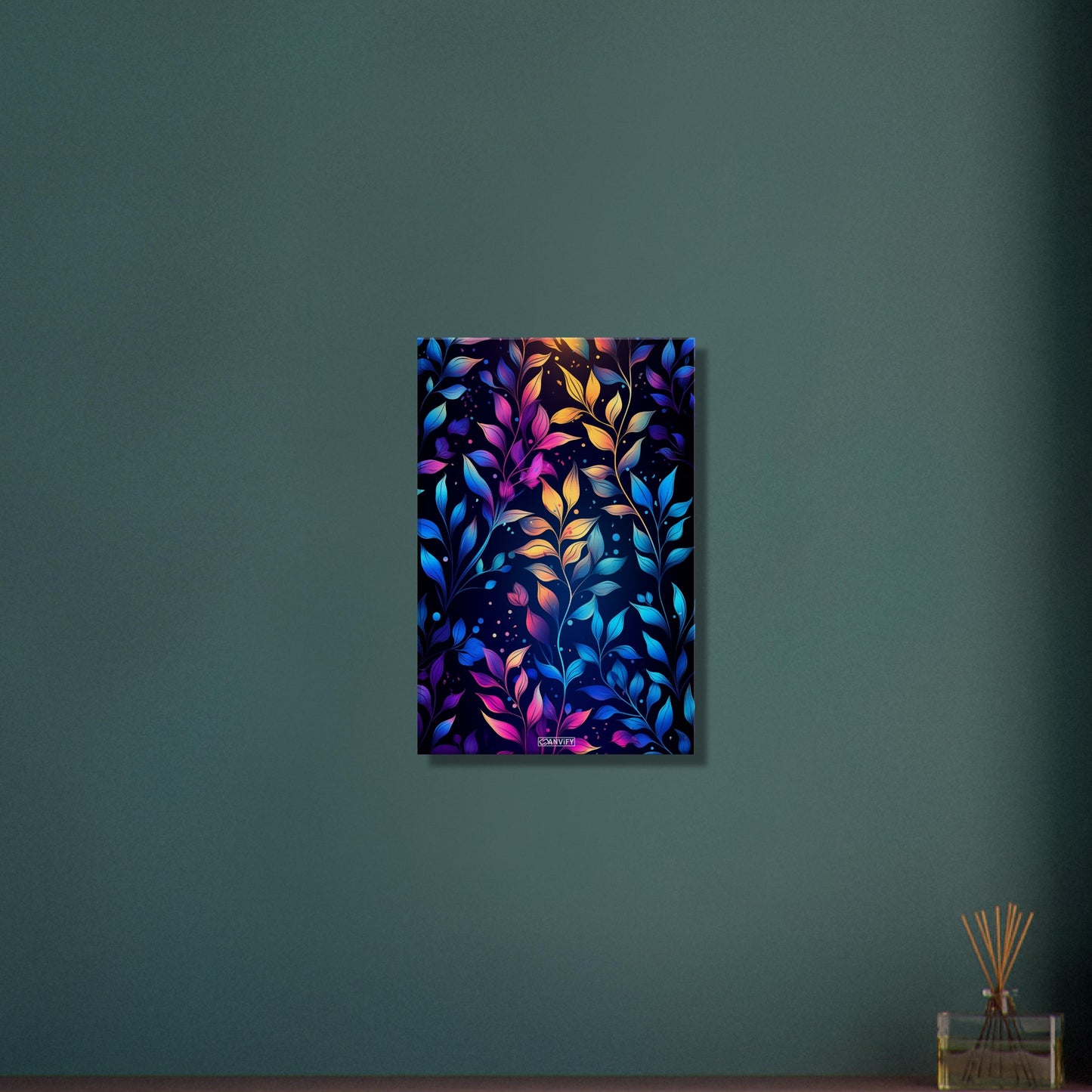 Bunte Blätter mit Blauen, Lila und Gelben Farben auf einer Leinwand