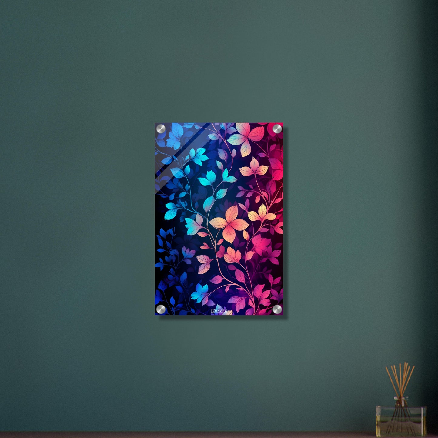 Bunte Blätter in Blauen und Pinken Farben auf einem Acrylbild
