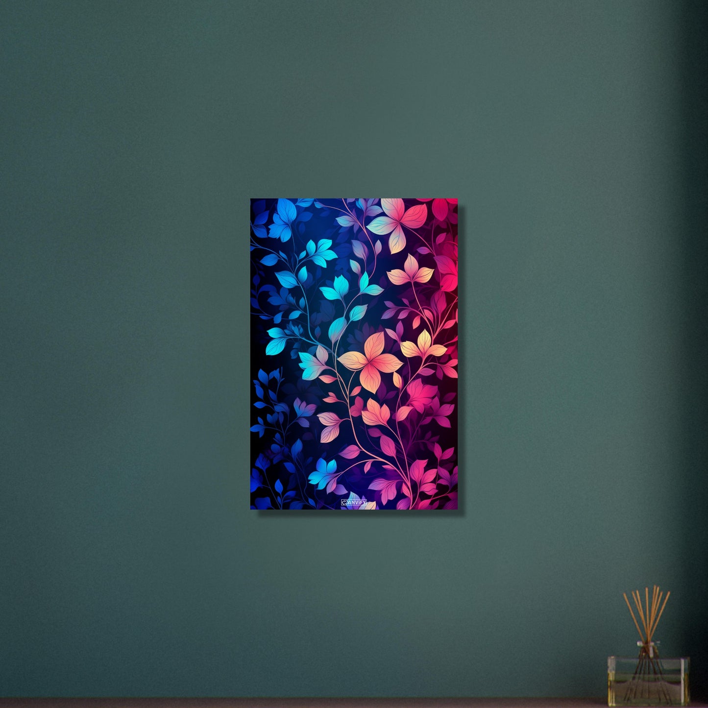 Bunte Blätter in Blauen und Pinken Farben auf Aluminium