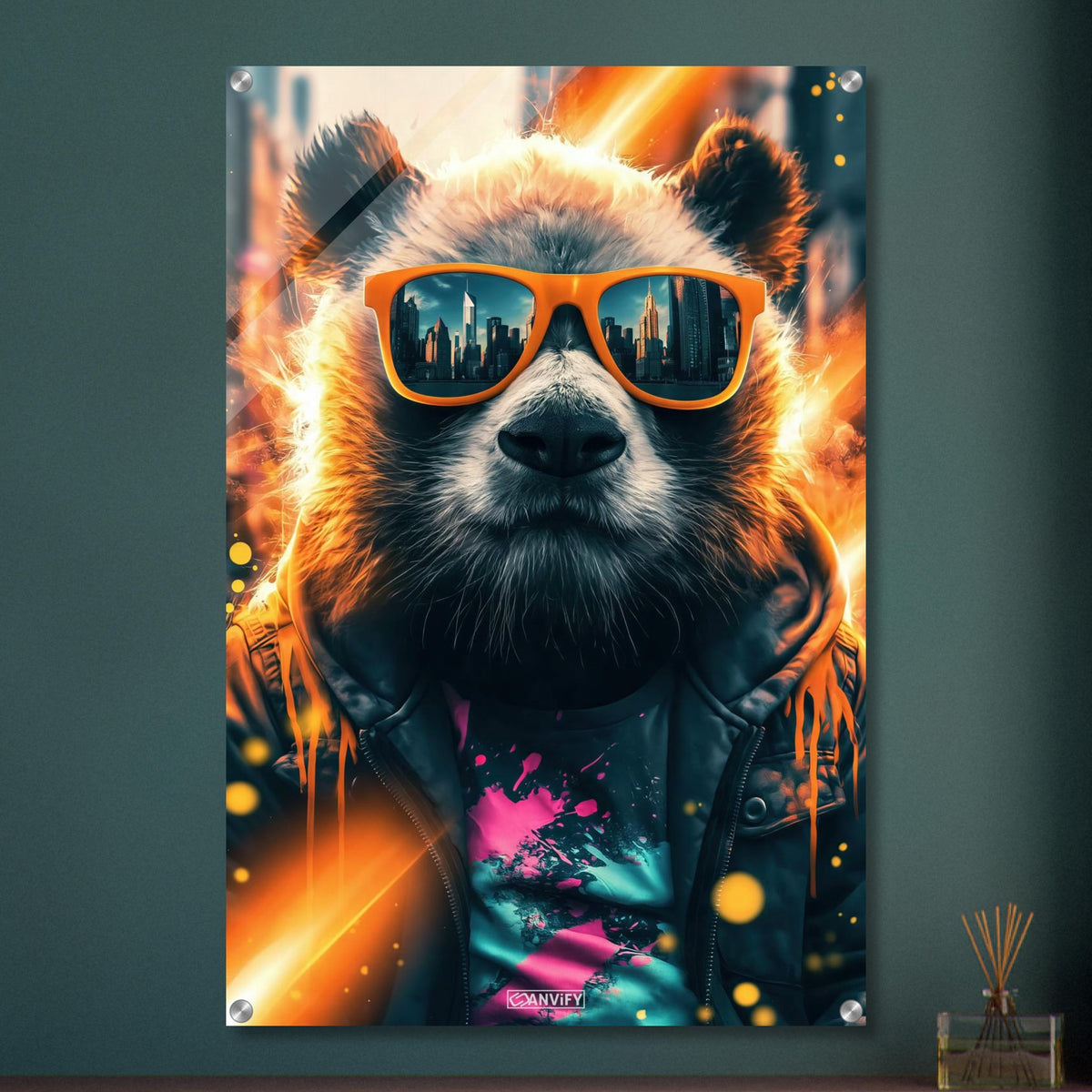 Cooler Panda mit Sonnenbrille im Street Art-Stil auf einem Acrylbild