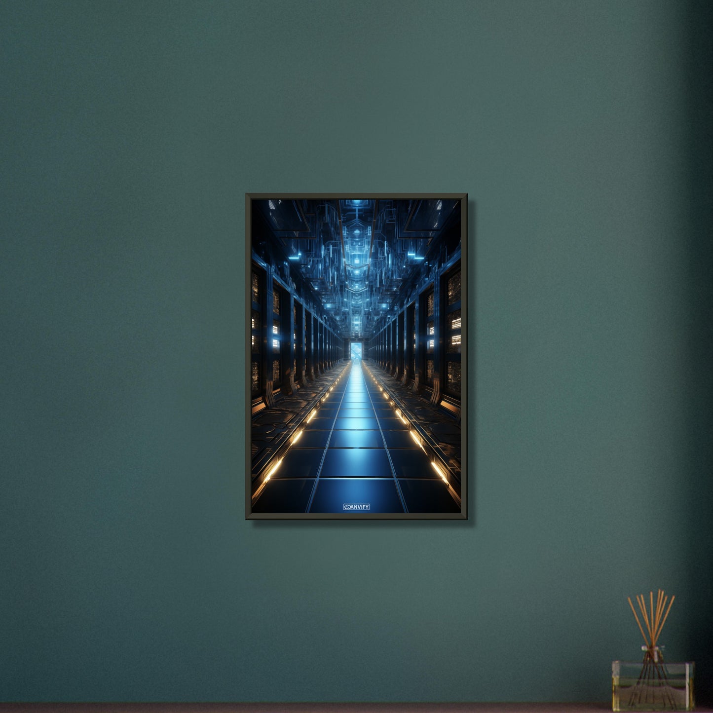 Kosmisches Rechenzentrum einer künstlichen Intelligenz auf einem Poster im Metallrahmen