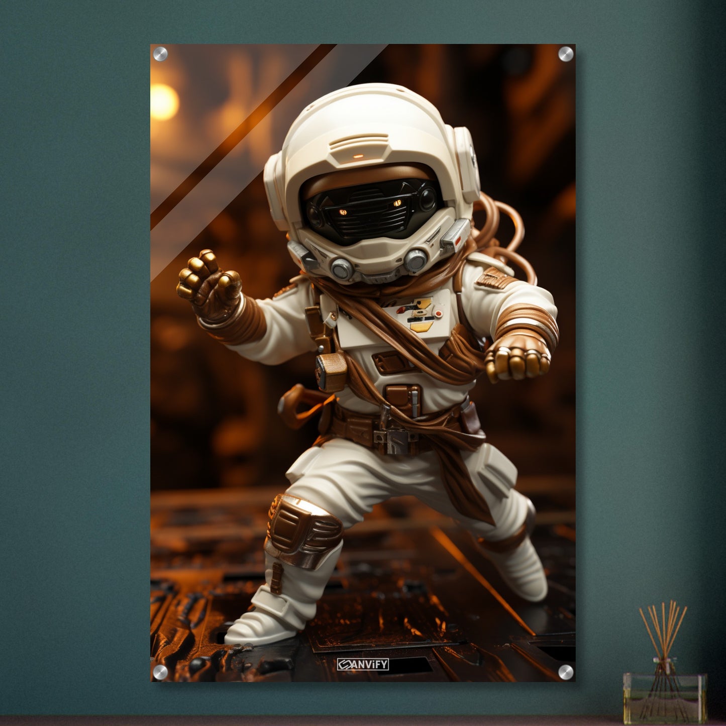 Chibi Astronaut in weißem Anzug und Akzenten in der Farbe Kupfer auf einem Acrylbild