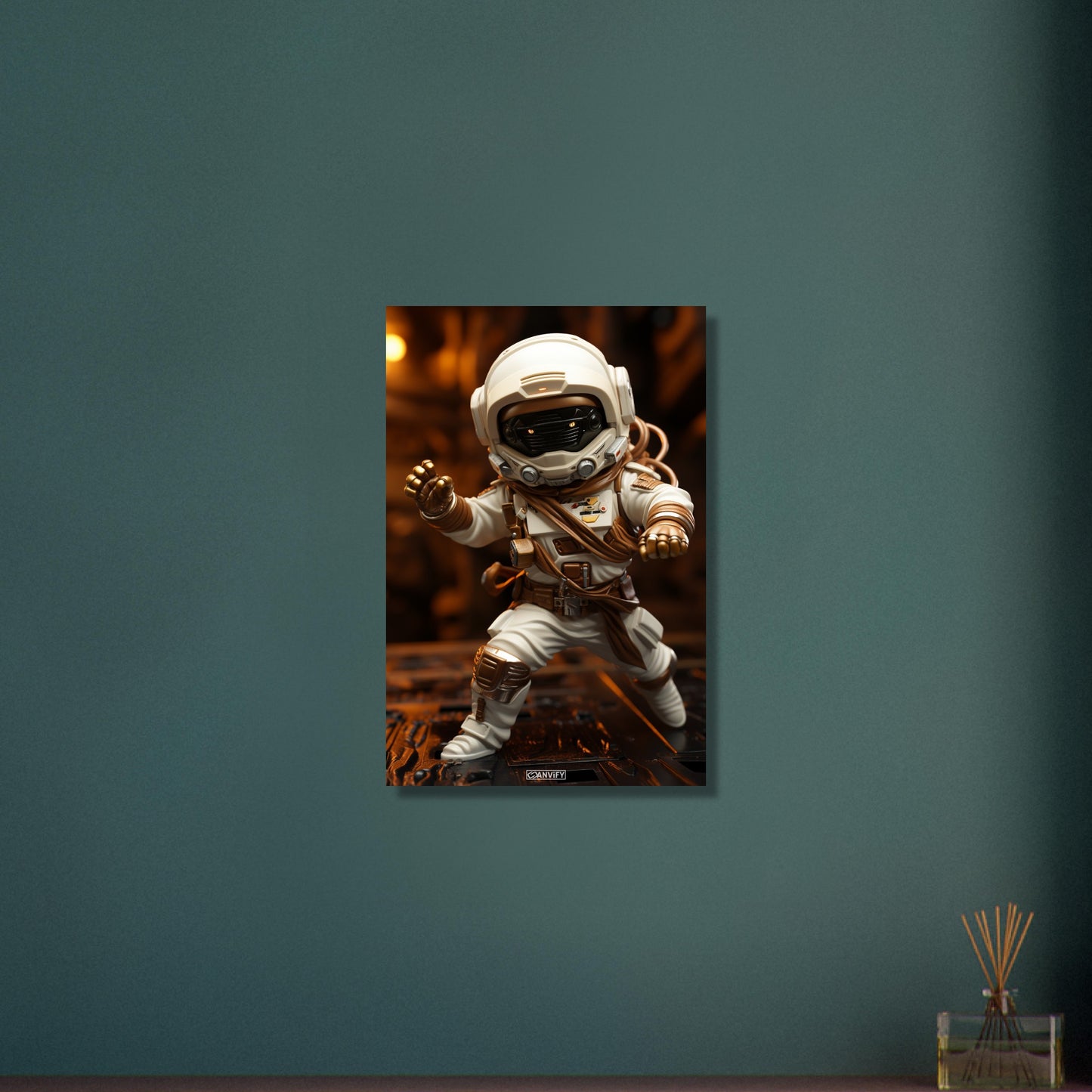 Chibi Astronaut in weißem Anzug und Akzenten in der Farbe Kupfer auf Aluminium