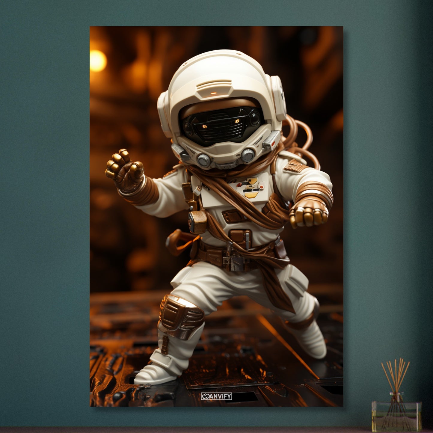 Chibi Astronaut in weißem Anzug und Akzenten in der Farbe Kupfer auf Aluminium