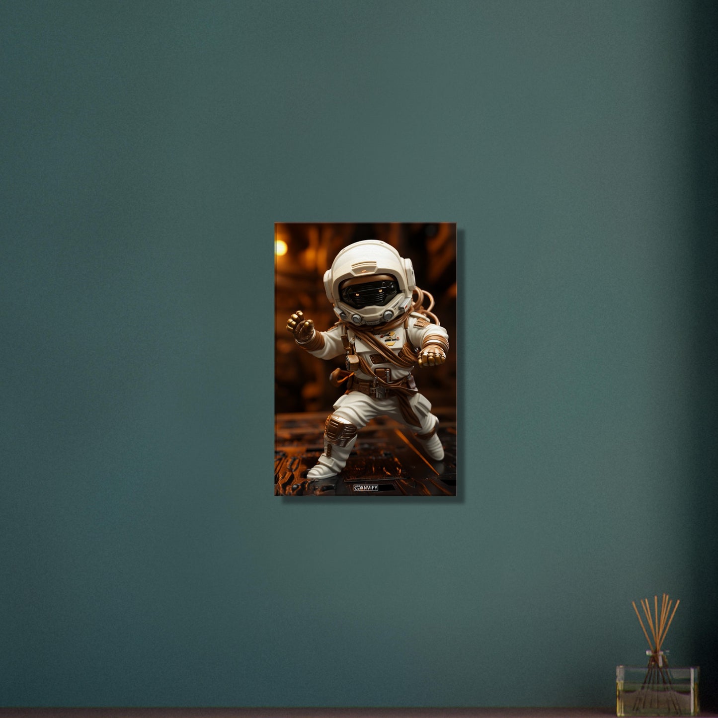 Chibi Astronaut in weißem Anzug und Akzenten in der Farbe Kupfer auf einer Leinwand