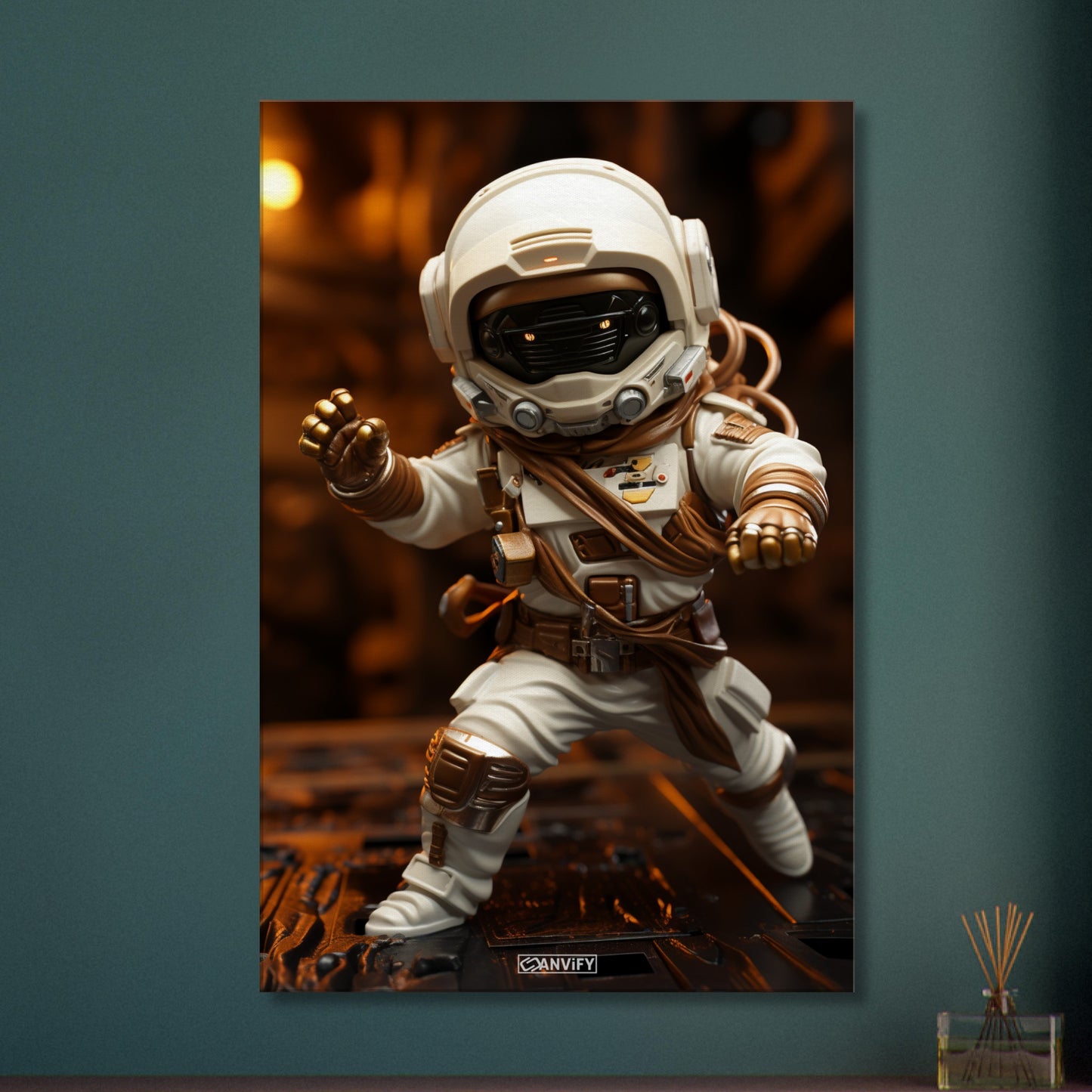 Chibi Astronaut in weißem Anzug und Akzenten in der Farbe Kupfer auf einer Leinwand