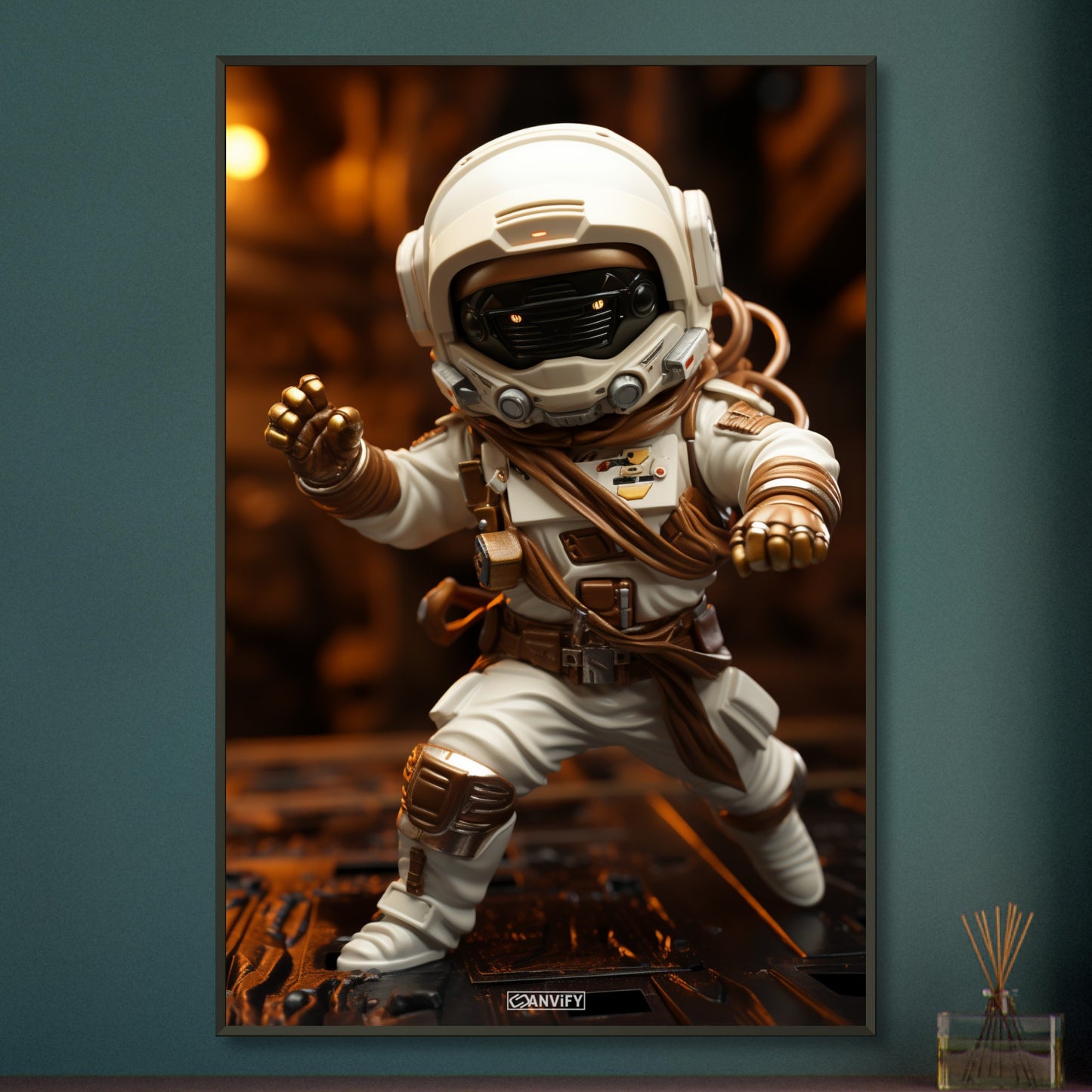 Chibi Astronaut in weißem Anzug und Akzenten in der Farbe Kupfer auf einem Poster im Metallrahmen