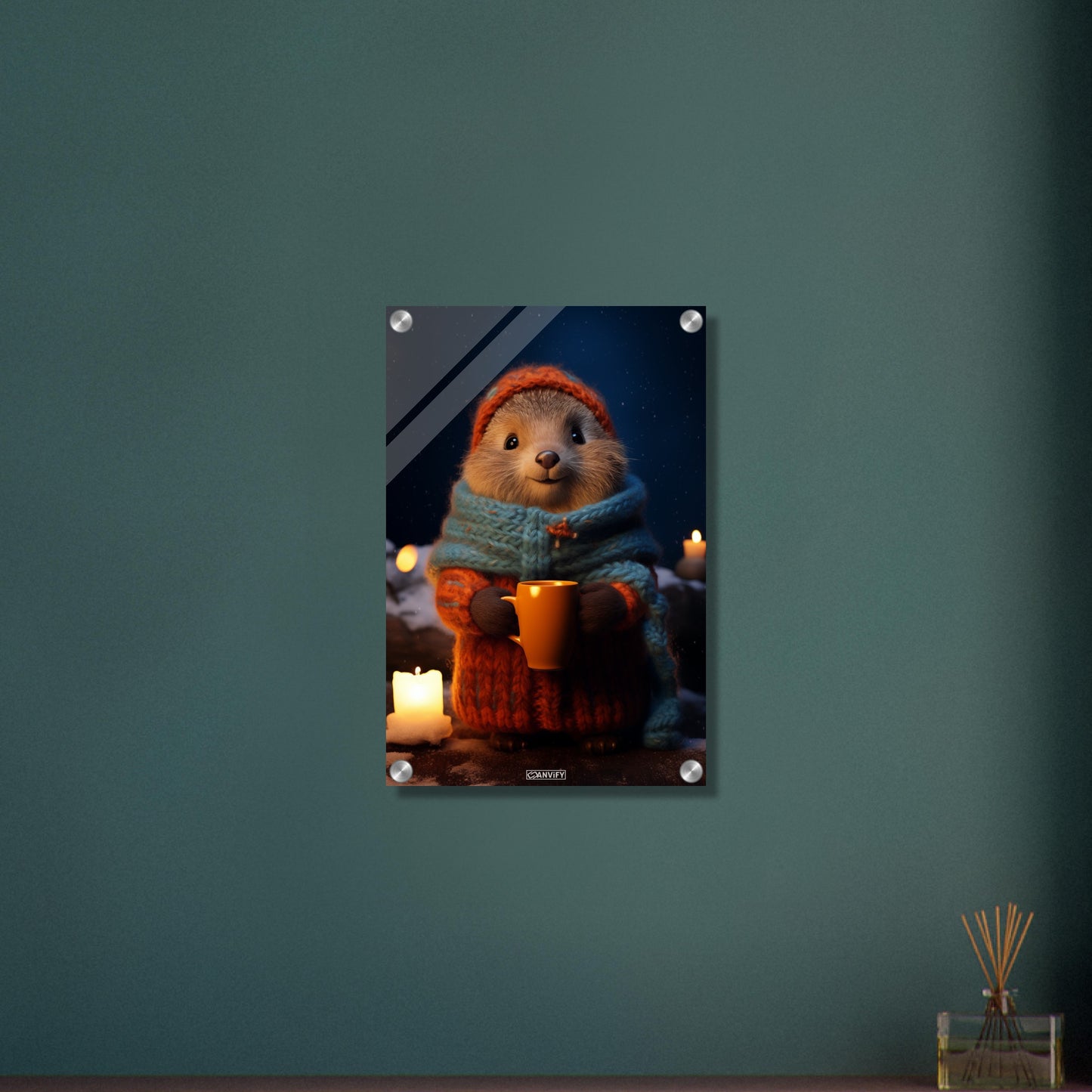Murmeltier mit Mütze, Schal und Wolljacke und einer Tasse Kakao in einer Winternacht im Schnee auf einem Acrylbild