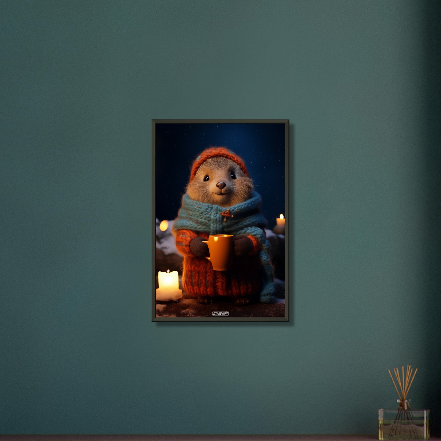 Murmeltier mit Mütze, Schal und Wolljacke und einer Tasse Kakao in einer Winternacht im Schnee auf einem Poster im Metallrahmen