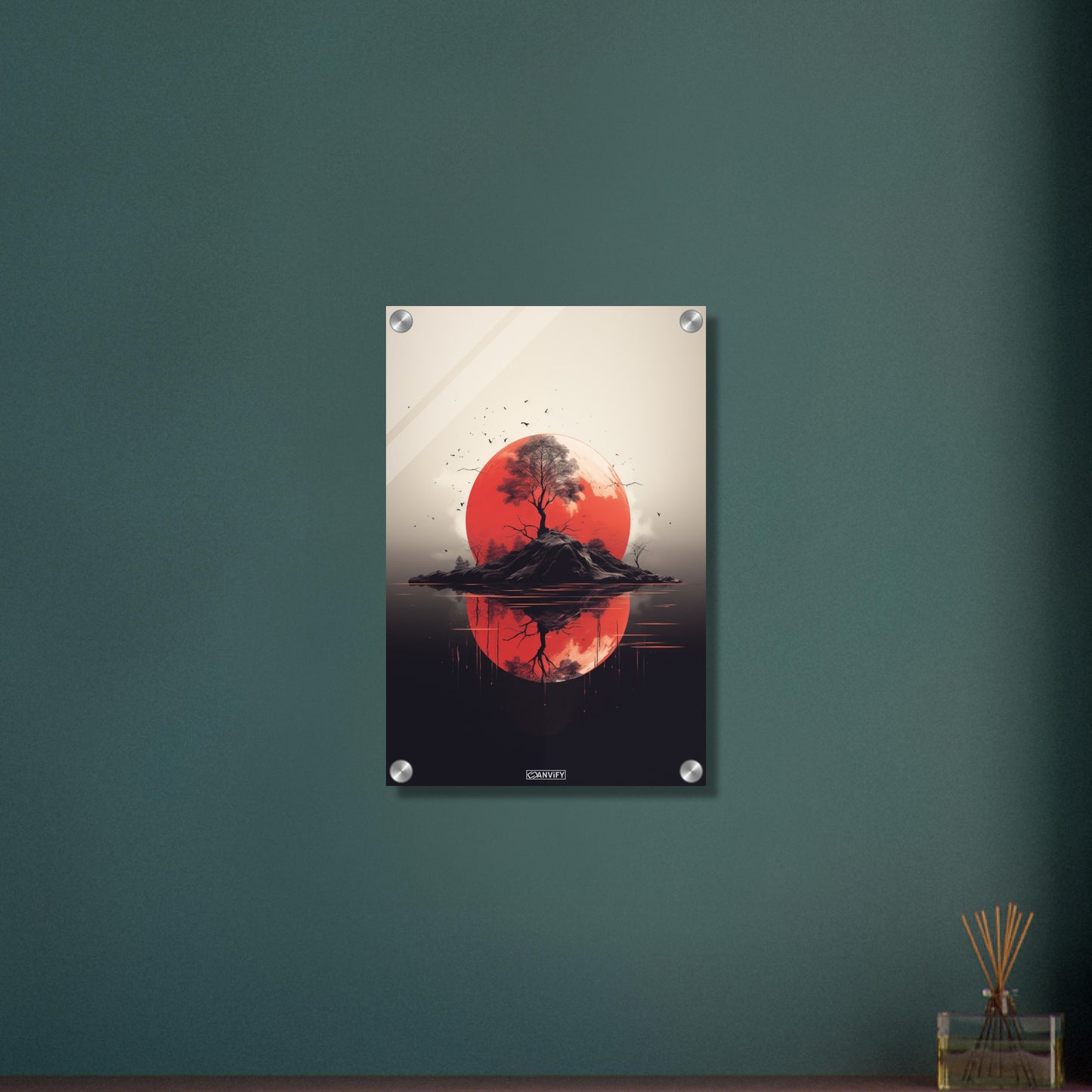 Abstrakter Blutmond hinter einer Insel mit einem Baum auf einem Acrylbild