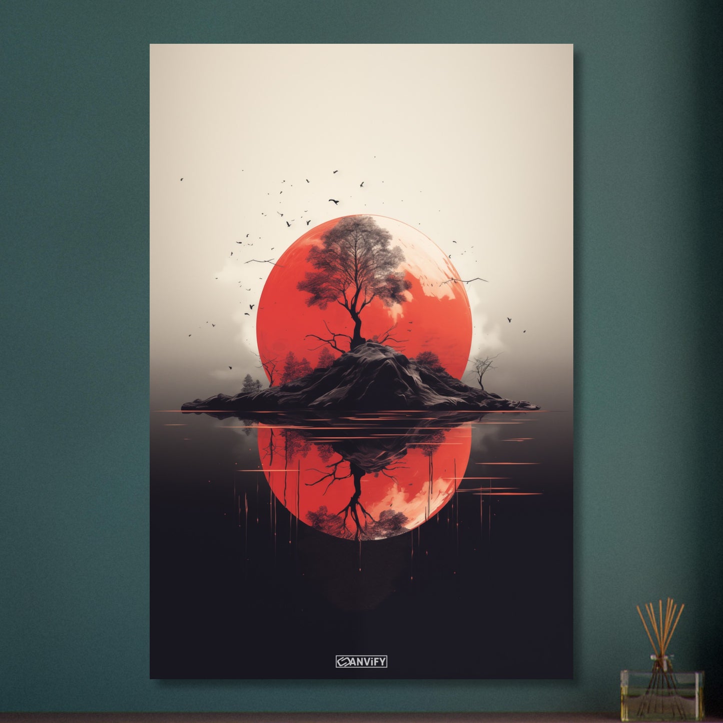 Abstrakter Blutmond hinter einer Insel mit einem Baum auf Aluminium