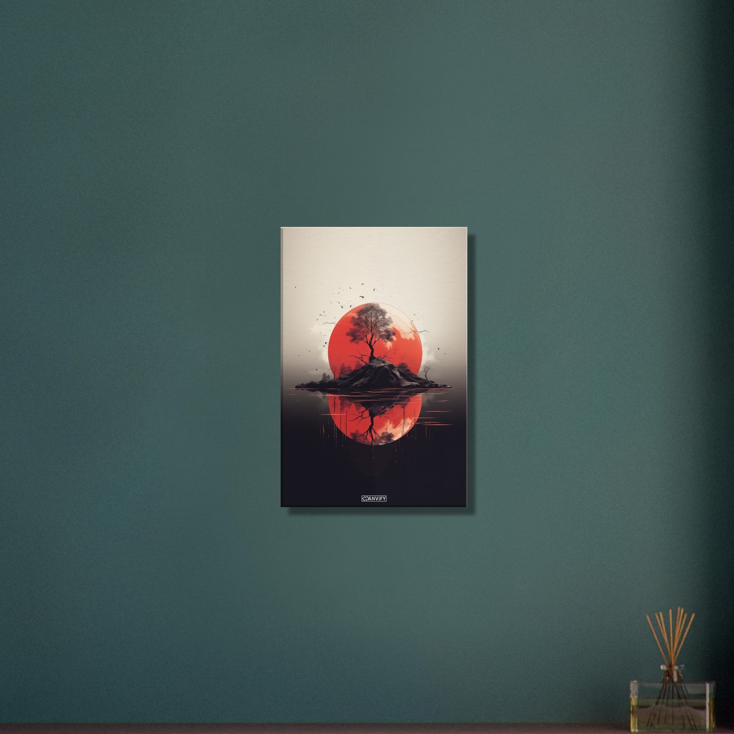 Abstrakter Blutmond hinter einer Insel mit einem Baum auf einer Leinwand