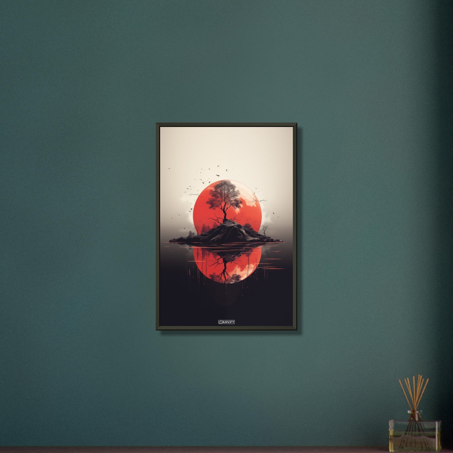 Abstrakter Blutmond hinter einer Insel mit einem Baum auf einem Poster im Metallrahmen