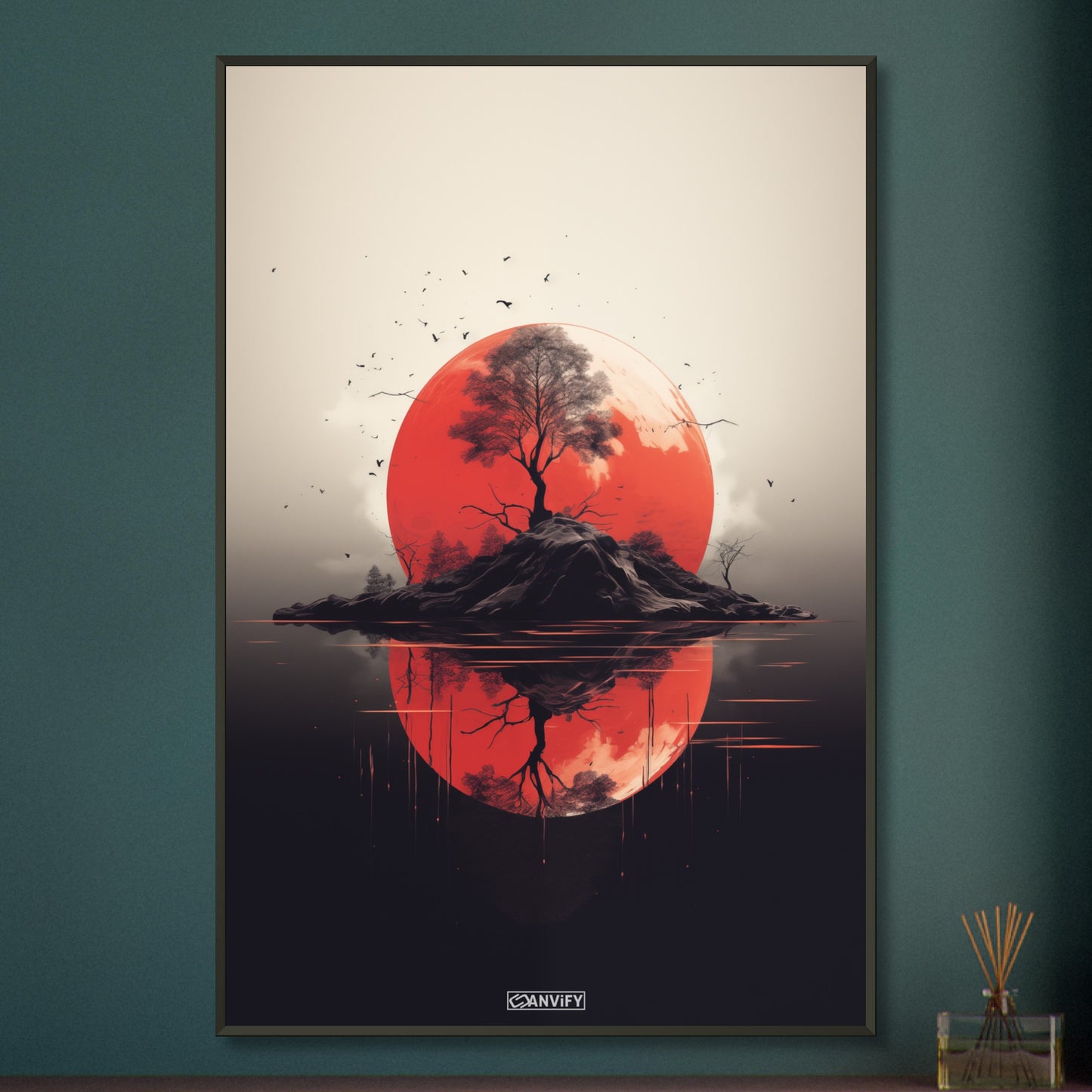 Abstrakter Blutmond hinter einer Insel mit einem Baum auf einem Poster im Metallrahmen