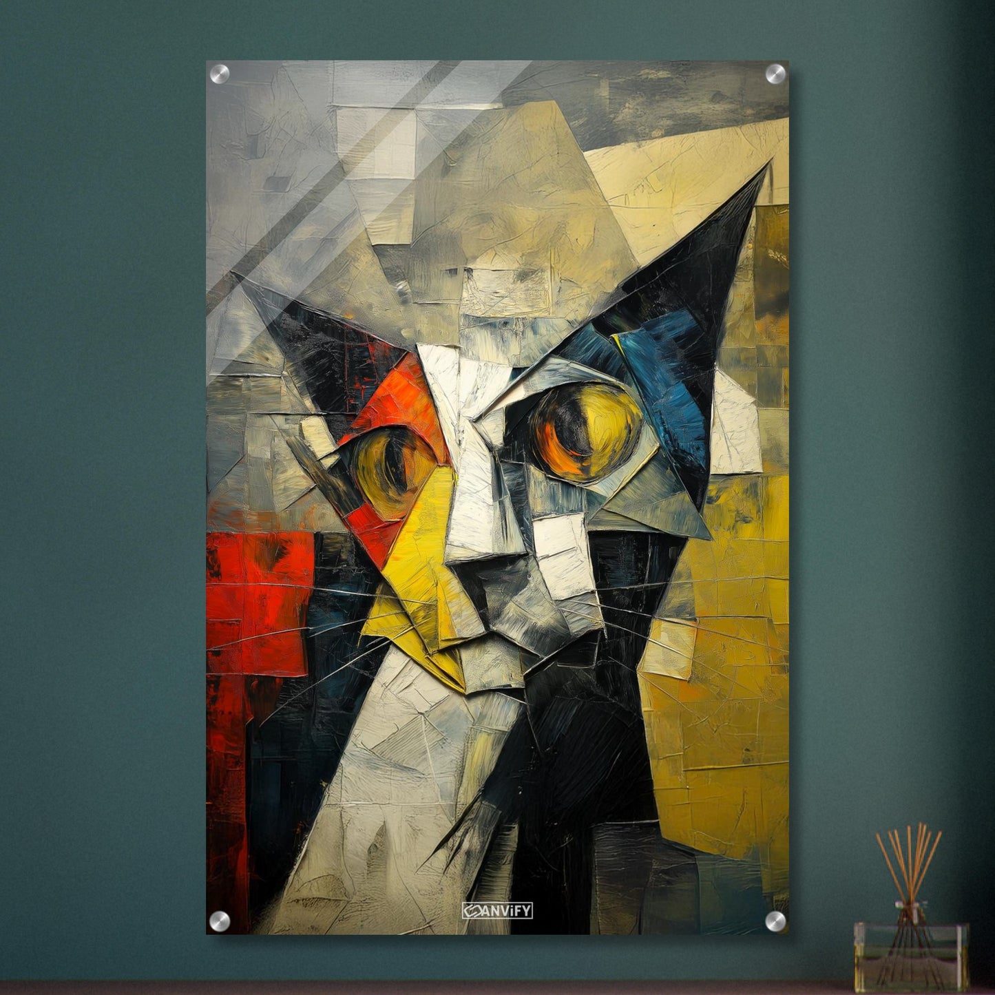 Abstraktes Gemälde im kubistischen Stil von einer Katze auf einem Acrylbild