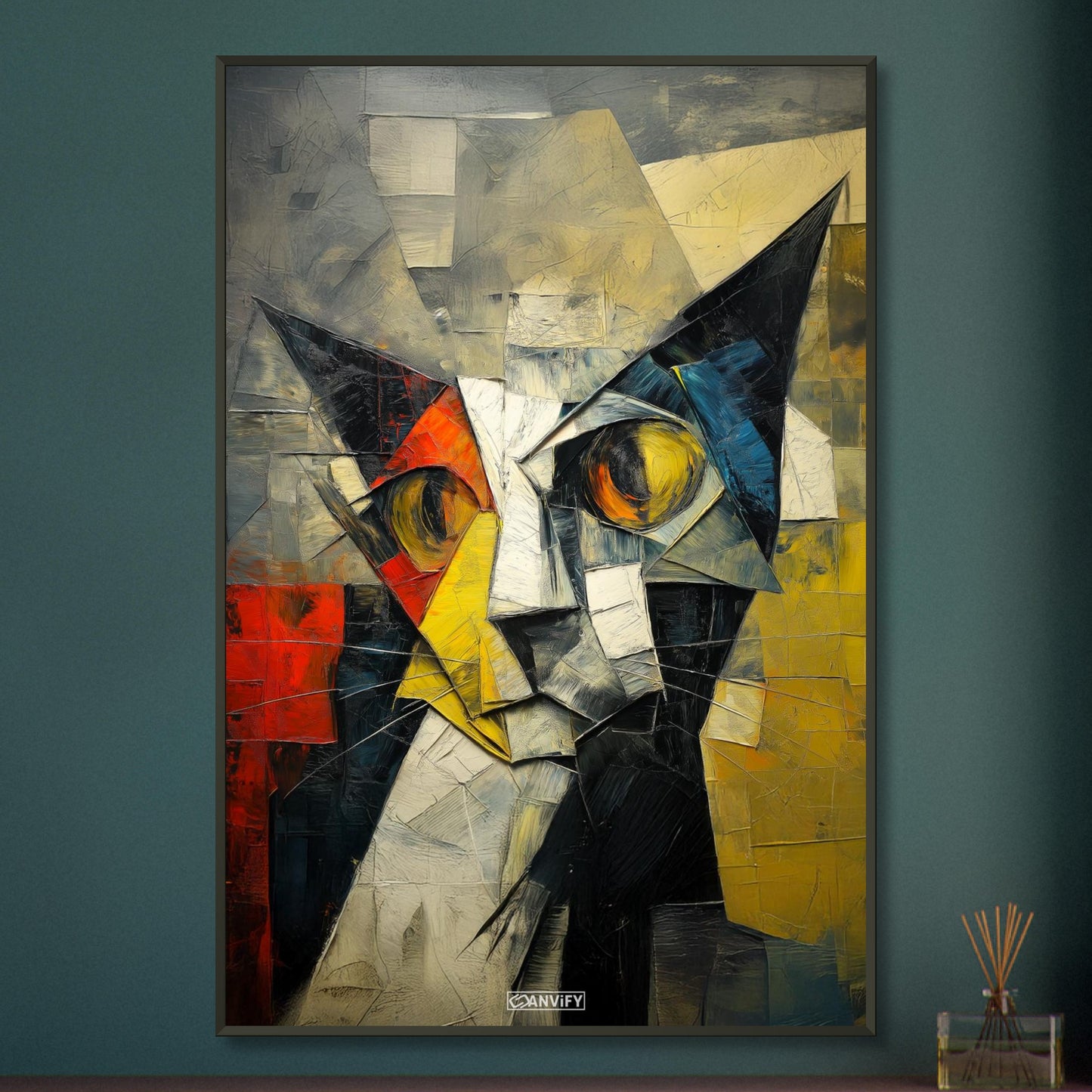 Abstraktes Gemälde im kubistischen Stil von einer Katze auf einem Poster im Metallrahmen