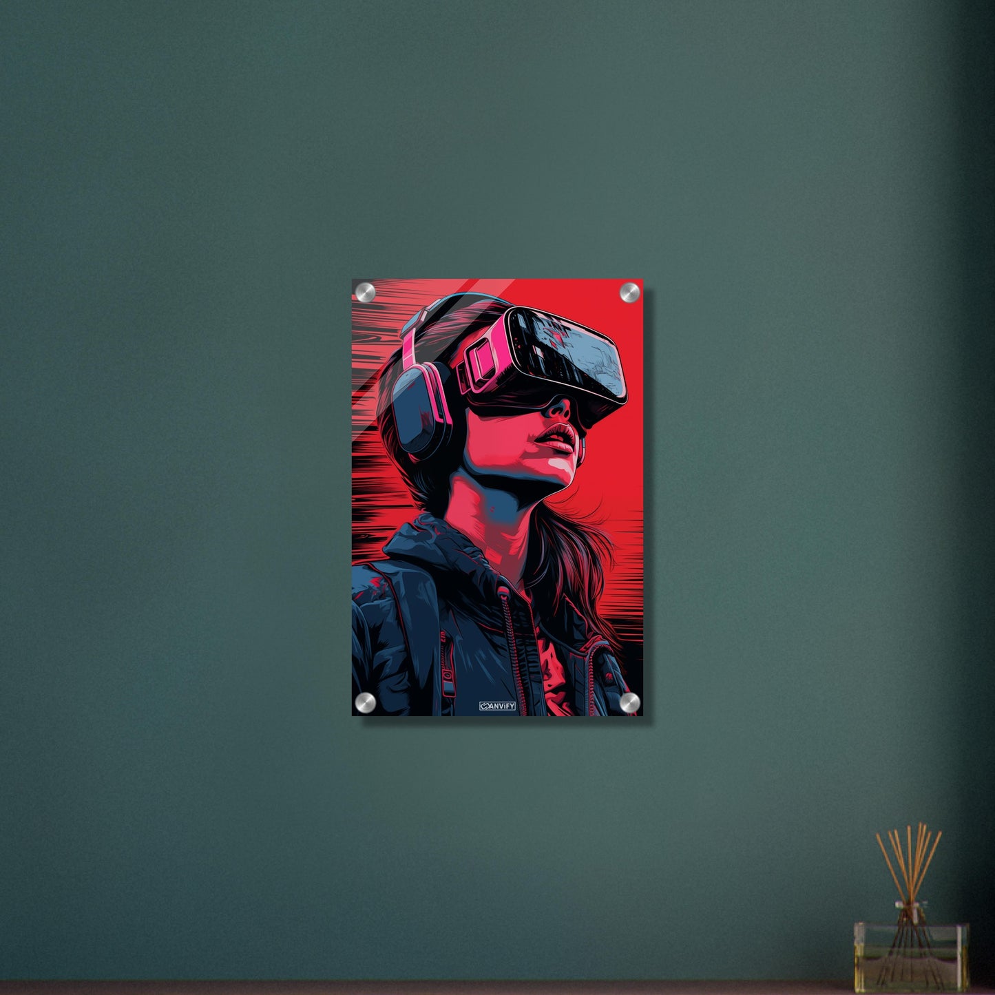 Olivia Cooke aus dem Film Ready Player One mit einer VR Brille im Pop Art Stil auf einem Acrylbild