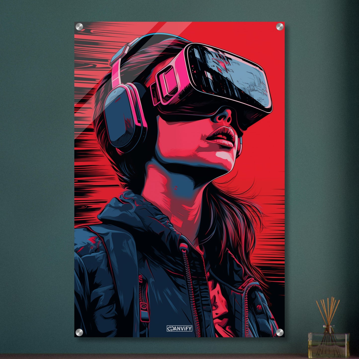 Olivia Cooke aus dem Film Ready Player One mit einer VR Brille im Pop Art Stil auf einem Acrylbild