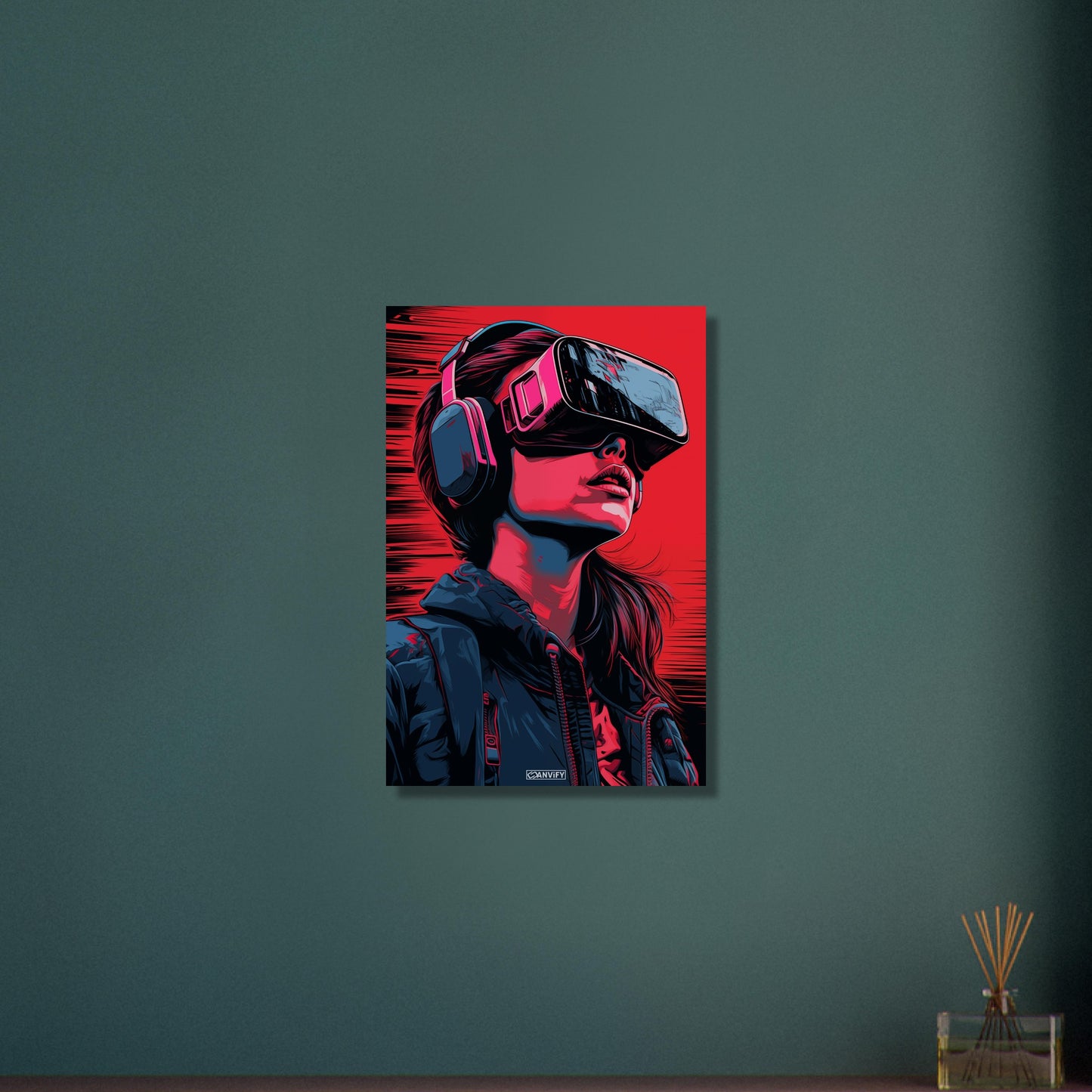 Olivia Cooke aus dem Film Ready Player One mit einer VR Brille im Pop Art Stil auf Aluminium