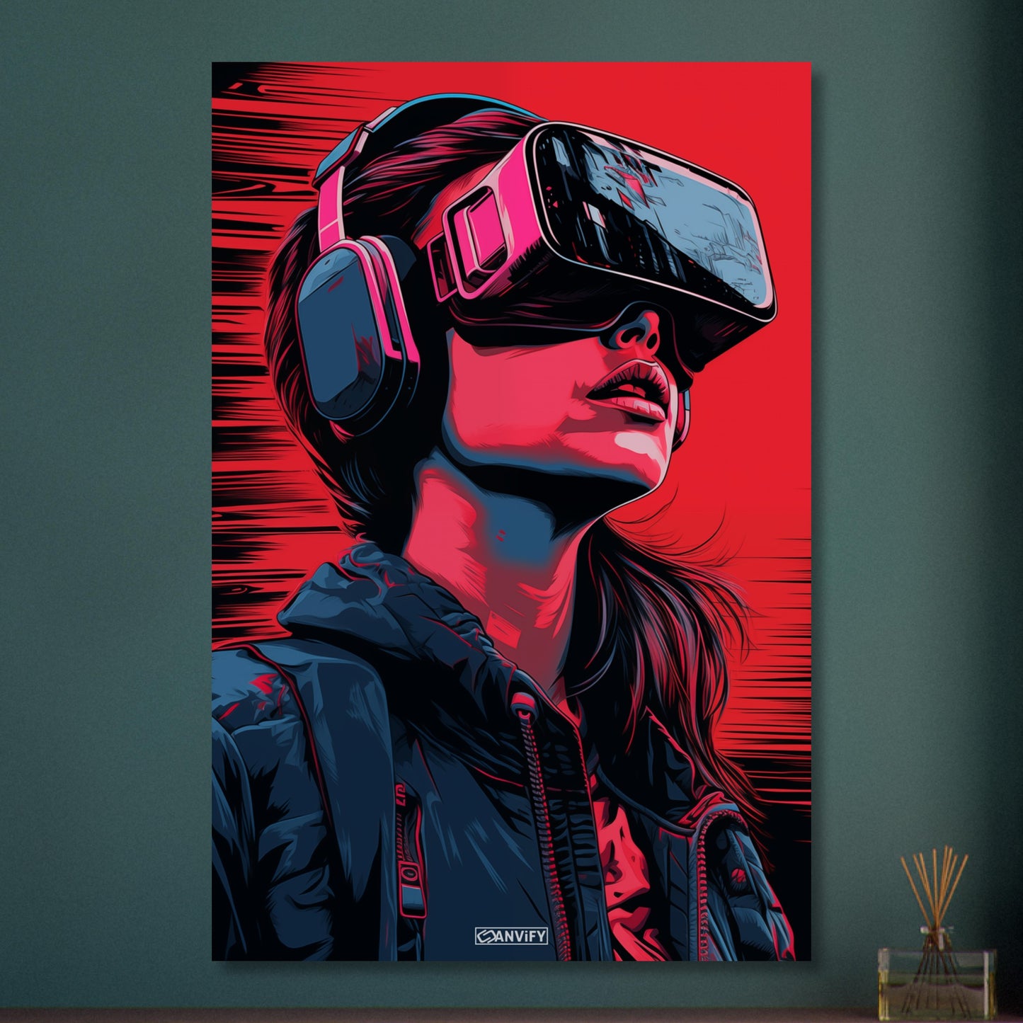 Olivia Cooke aus dem Film Ready Player One mit einer VR Brille im Pop Art Stil auf Aluminium