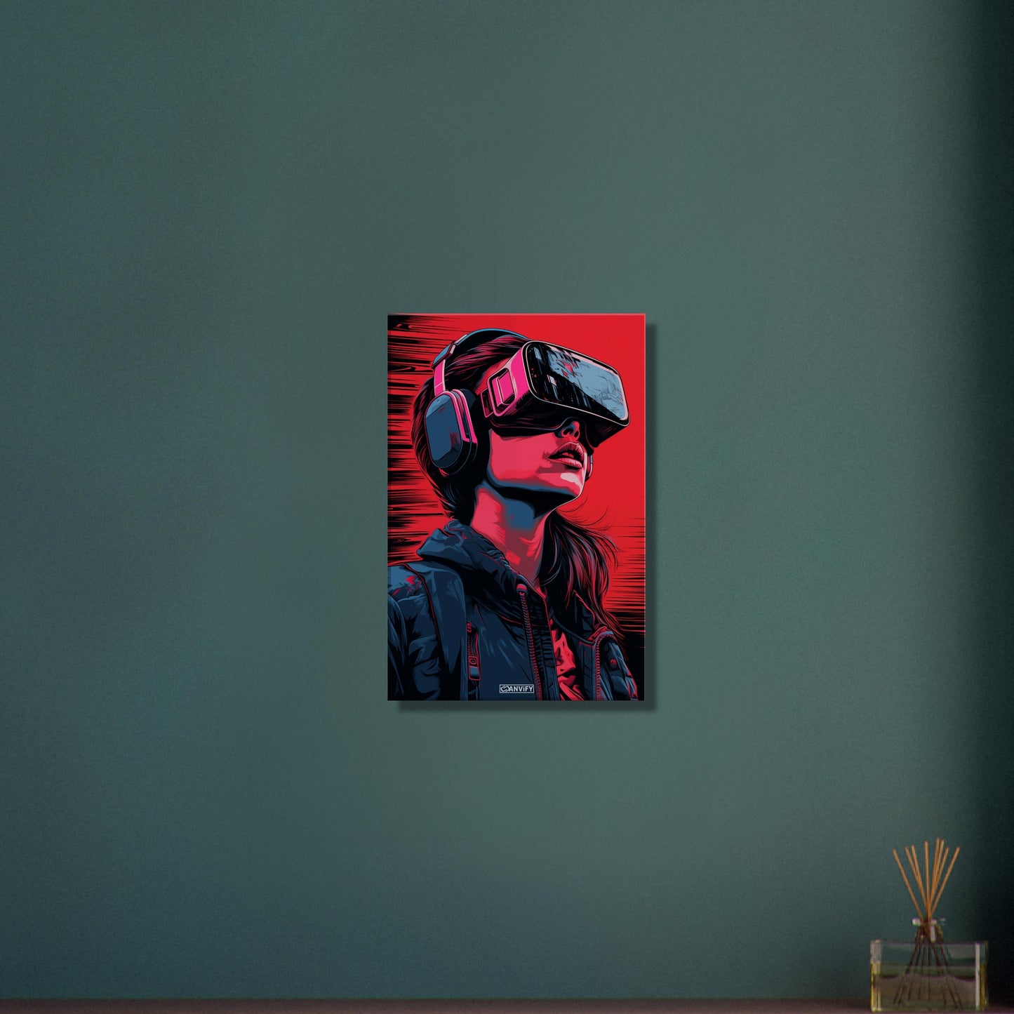 Olivia Cooke aus dem Film Ready Player One mit einer VR Brille im Pop Art Stil auf einer Leinwand