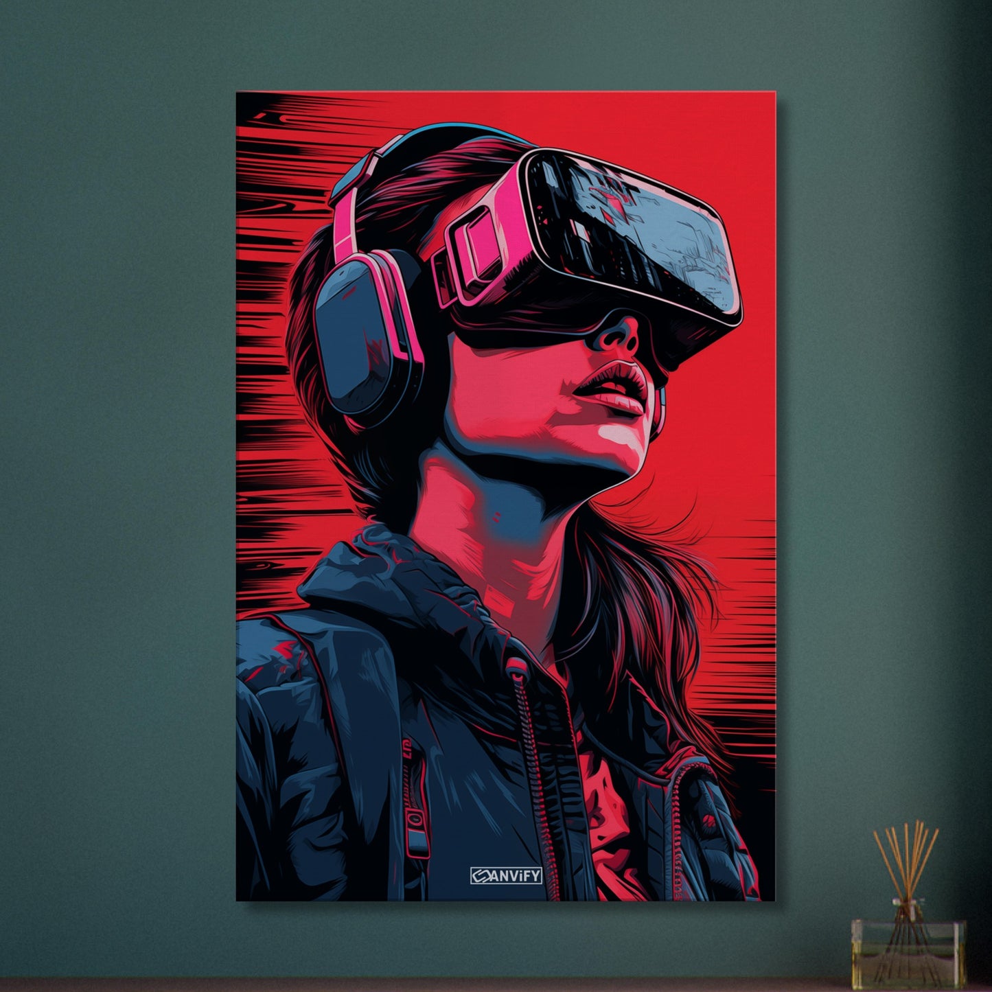 Olivia Cooke aus dem Film Ready Player One mit einer VR Brille im Pop Art Stil auf einer Leinwand