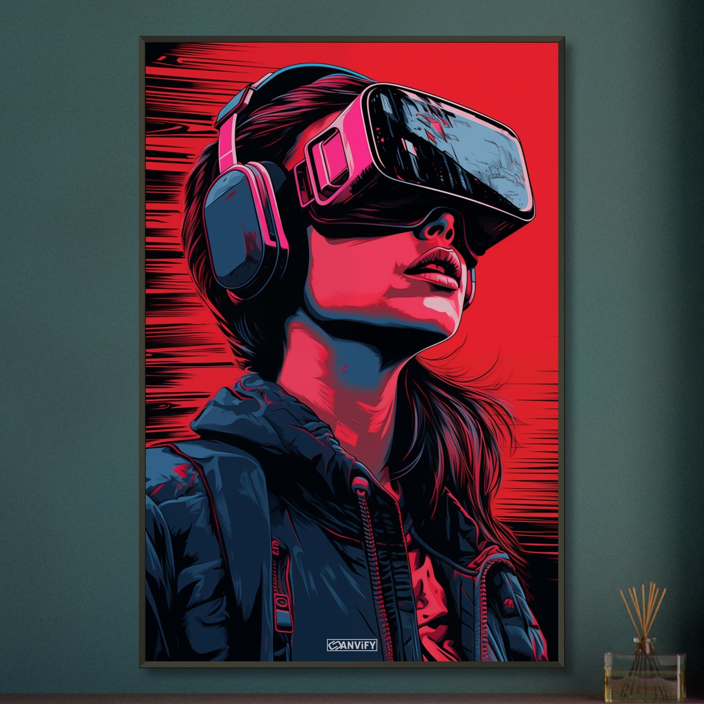 Olivia Cooke aus dem Film Ready Player One mit einer VR Brille im Pop Art Stil auf einem Poster im Metallrahmen