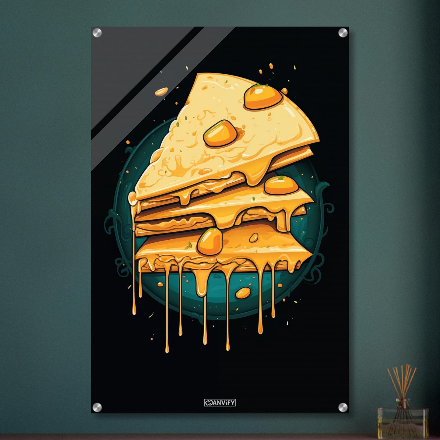 Tropfender Käsekuchen im Comic Stil auf einem Acrylbild