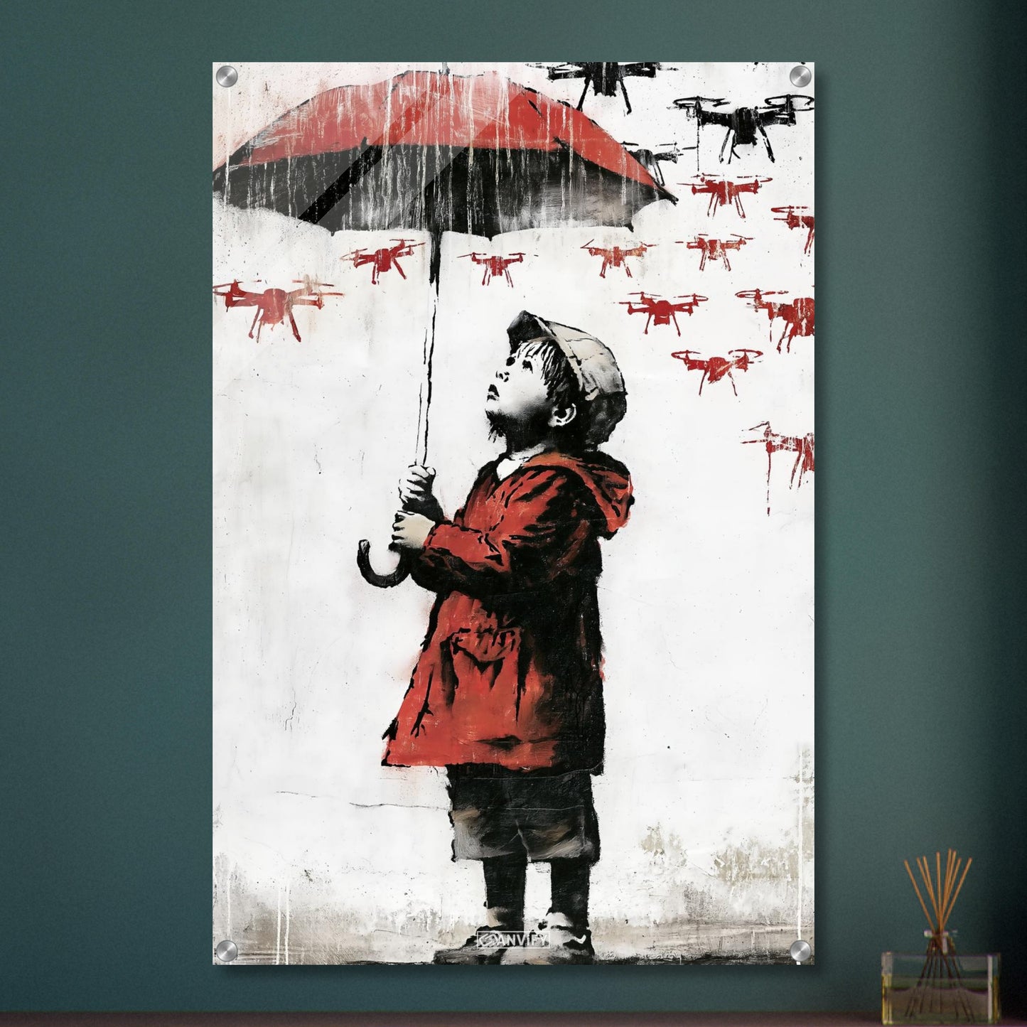 Junge im Banksy Stil mit rotem Regenschirm und Regenjacke im Regen voller Dronen auf einem Acrylbild