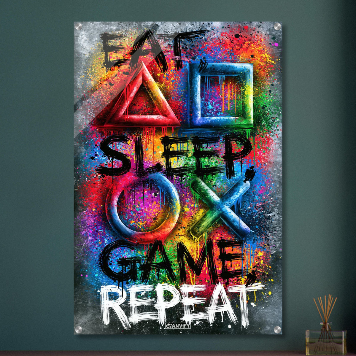 Spruch mit Symbolen der Playstation 'Eat, Sleep, Game, Repeat' mit bunten Farben auf einem Acrylbild